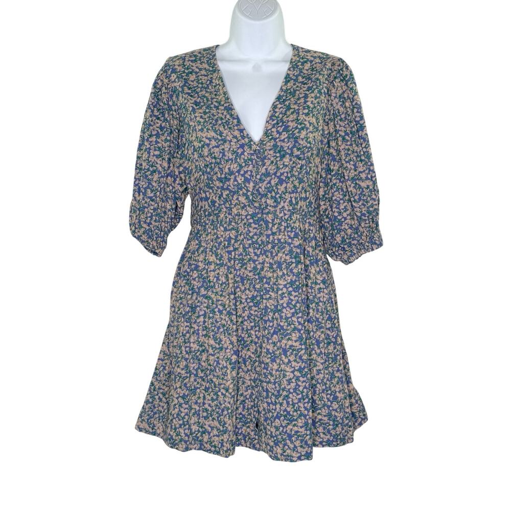 Mirth Caftan Perth Backless Short Dress S Blueberry Print Cotton Puff Sleeves